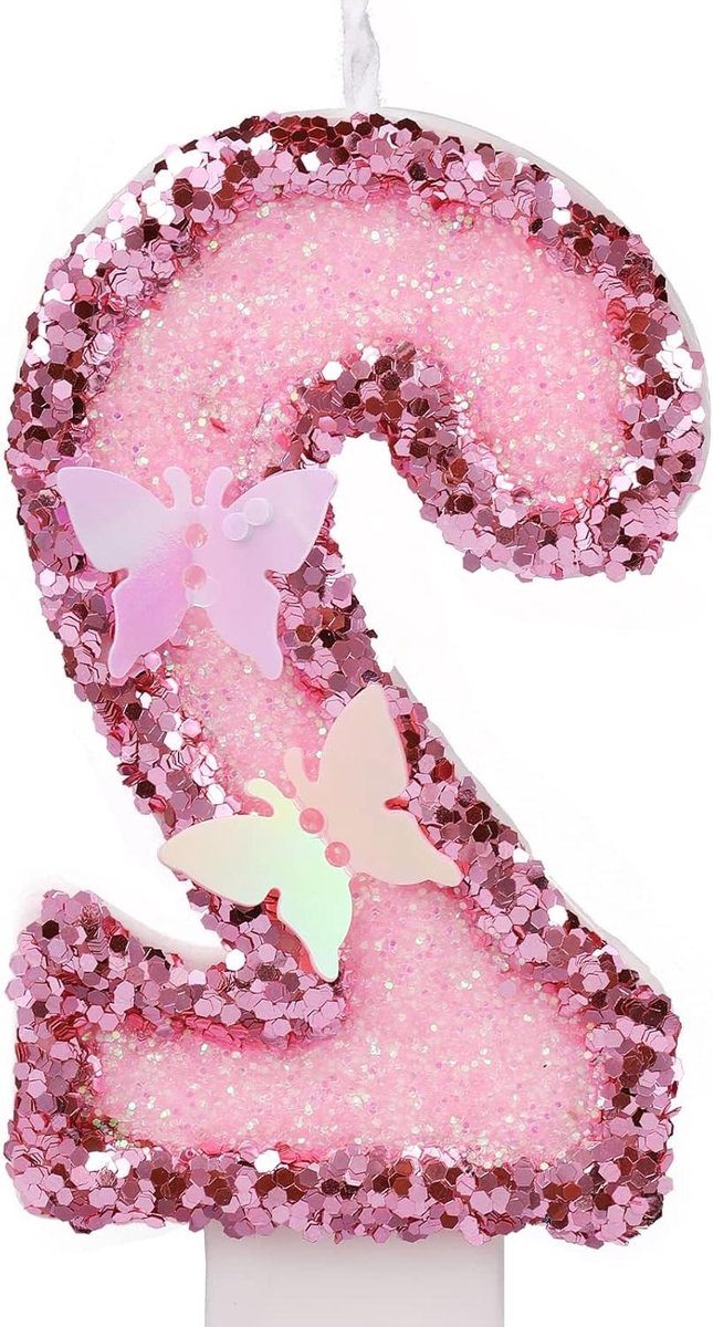 JHubers Goods - 7,5cm Roze Glitter Nummer Kaars voor Verjaardagstaart - Taarttopper Vlinder Verjaardagskaarsen - Pailletten - Verjaardagsviering Benodigdheden