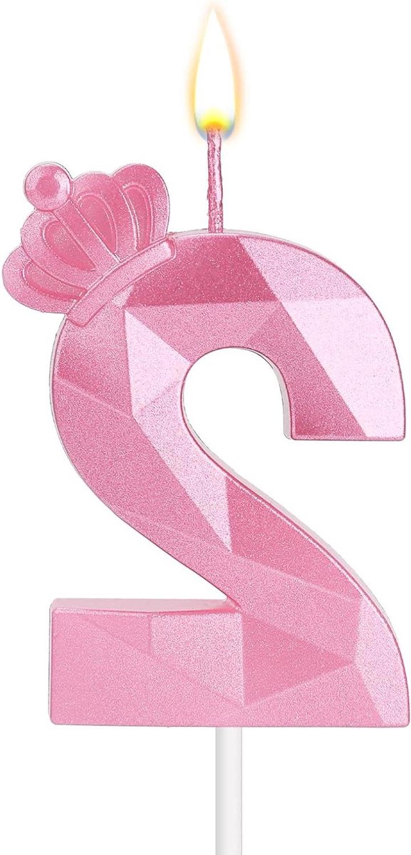 JHubers Goods - Cijferkaars 7,5 cm Roze Taartkaars met Kroon voor Meisjes Verjaardagsfeest Decoratie