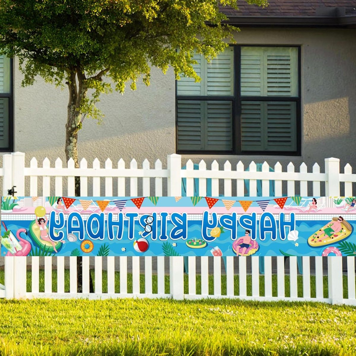 JHubers Goods - Happy Birthday Pool Banner 300x50 cm - Extra Groot Zomerthema Feest Verjaardagsdecoraties - Perfect voor Buiten en Strand - Decoratief Teken Met Optimaal Formaat