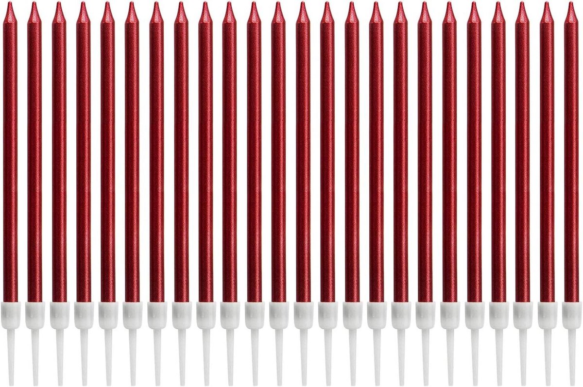 JHubers Goods - Metalen kaarsen voor feestdecoratie - Rode lange kaarsen met standaard (24 stuks)