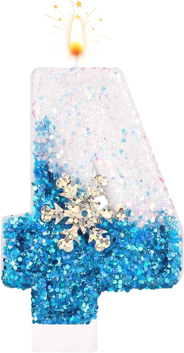 JHubers Goods - Verjaardagskaarsen met Sneeuwvlok Pailletten, Cijferkaarsen voor Taartdecoraties - Wit en Blauw - Verjaardag, Bruiloft, Feestartikelen - Set van 4 stuks