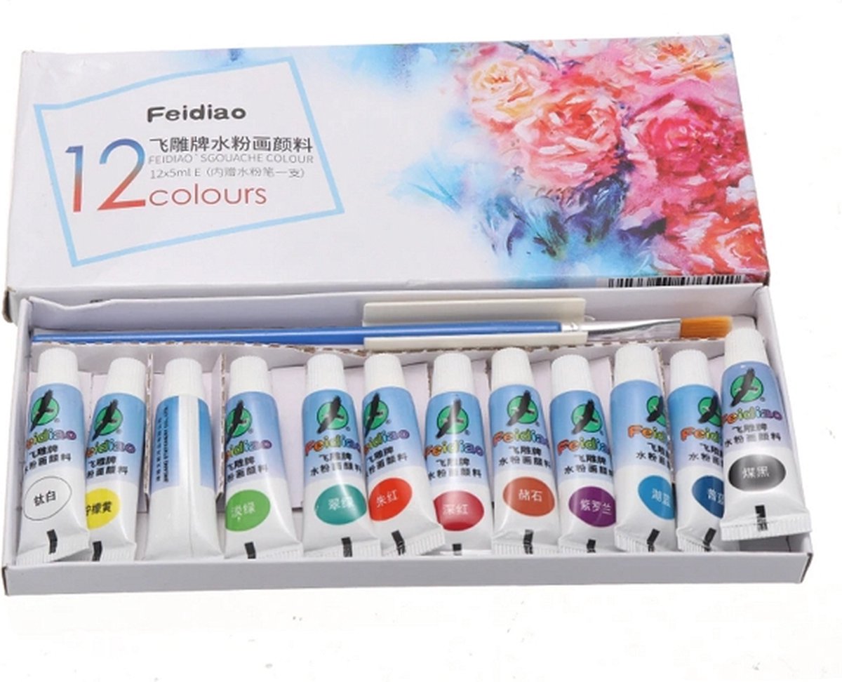 Acrylverf Set mini 12 kleuren inclusief kwast (12 x 5ml)