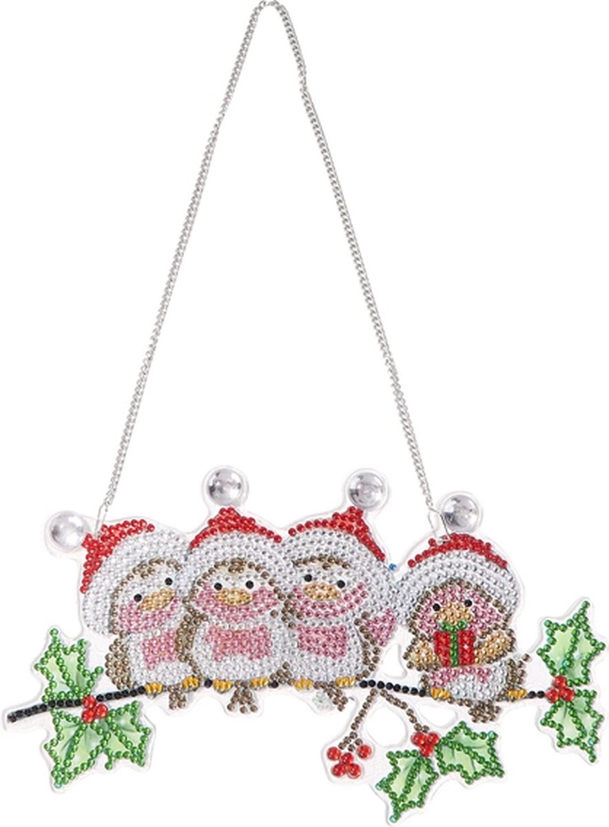 Diamond Painting Hangend Kerst Ornament vogeltjes met kerstmuts (22cm)