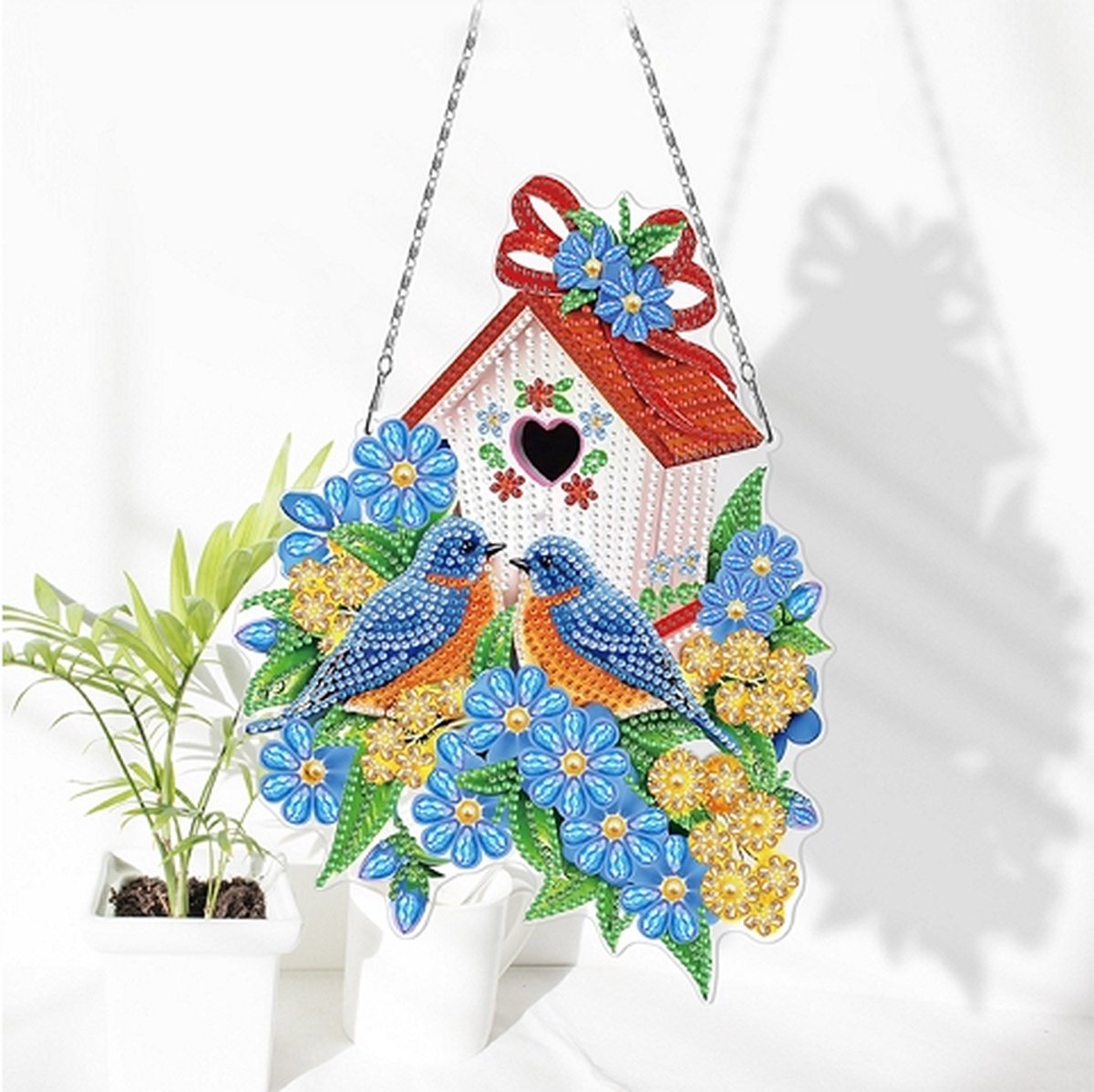 Diamond Painting Hangend Ornament Vogeltjes met vogelhuis (25cm)