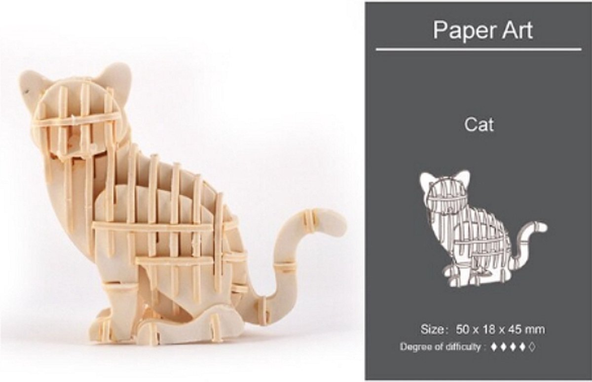 Houten Mini 3D dieren puzzel 10 Zittende kat