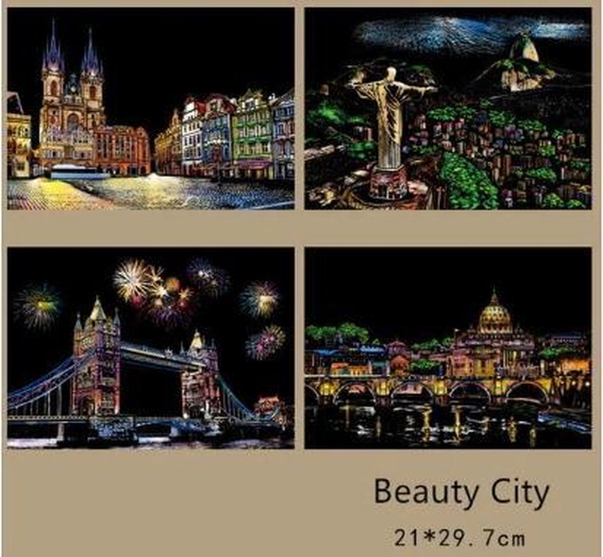 Kras Tekeningen Set Beauty City 21x29cm (4 stuks)