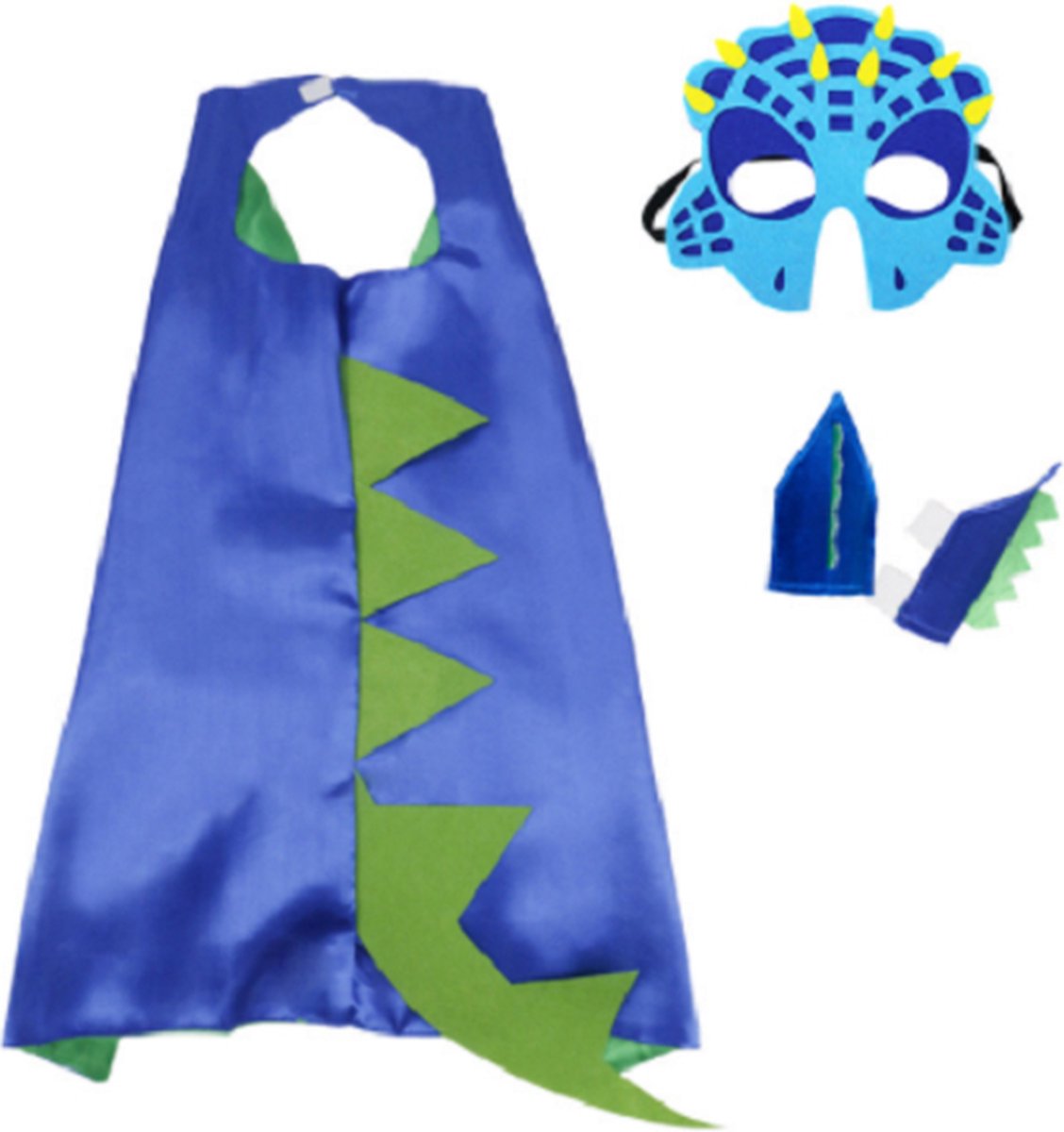 Jobber Toys - Dino cape + masker + polsbandjes - Dino verkleedoutfit - Kleur blauw met groen - Kinderen verkleedkleding- Dino thema – Jongens - Meisjes