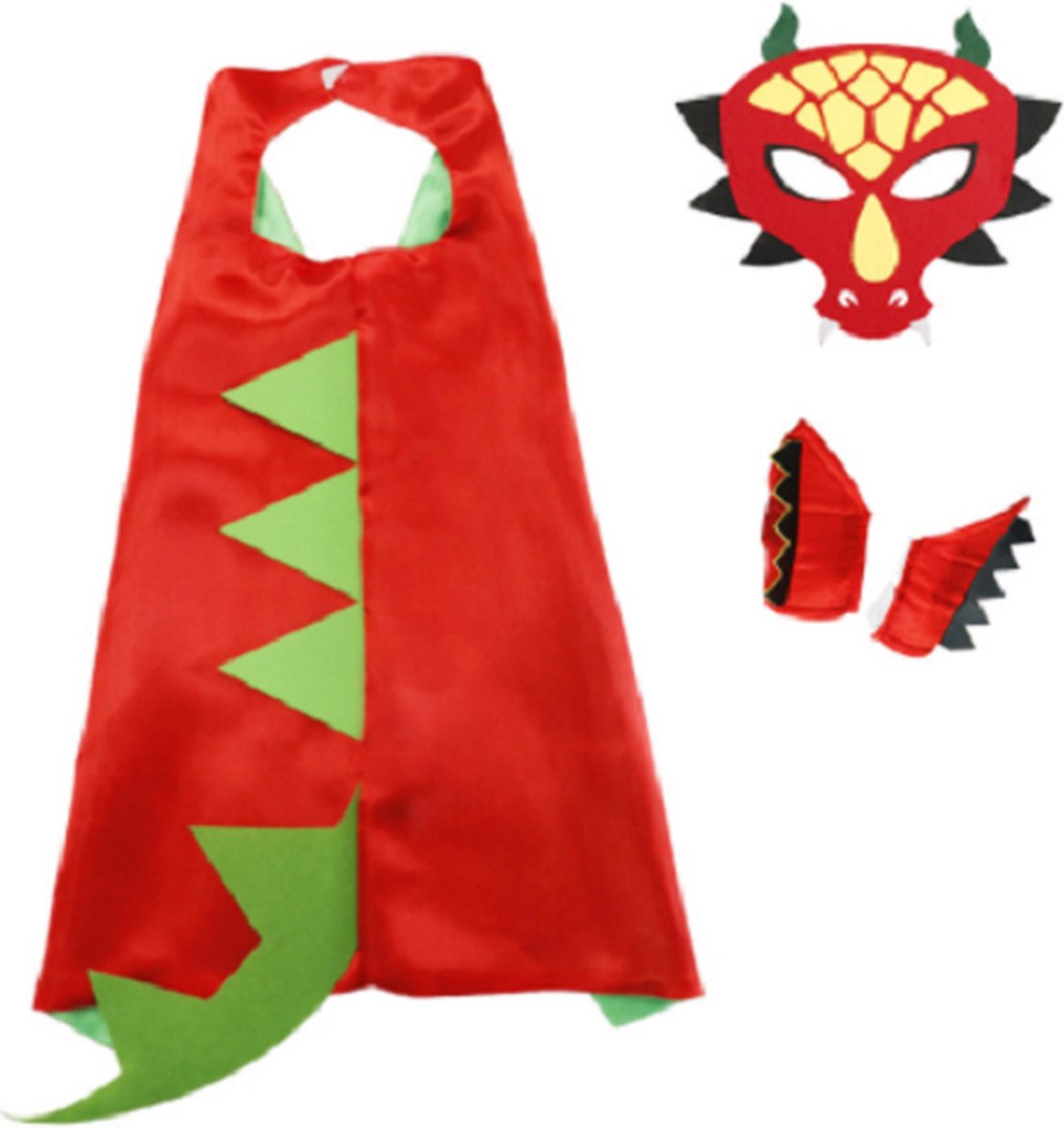 Jobber Toys - Dino cape + masker + polsbandjes - Dino verkleedoutfit - Kleur rood met groen - Kinderen verkleedkleding- Dino thema – Jongens - Meisjes