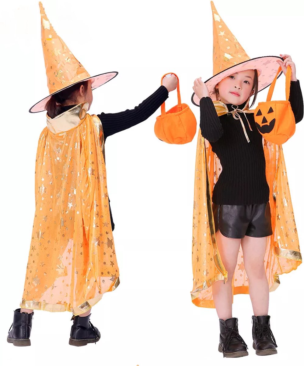 Jobber Toys - Tovenaar cape + hoed - Kleur oranje – Tovenaar kostuum kinderen – 3 tot 8 jaar – Tovenaar – Fantasy – Heks - Harry Potter