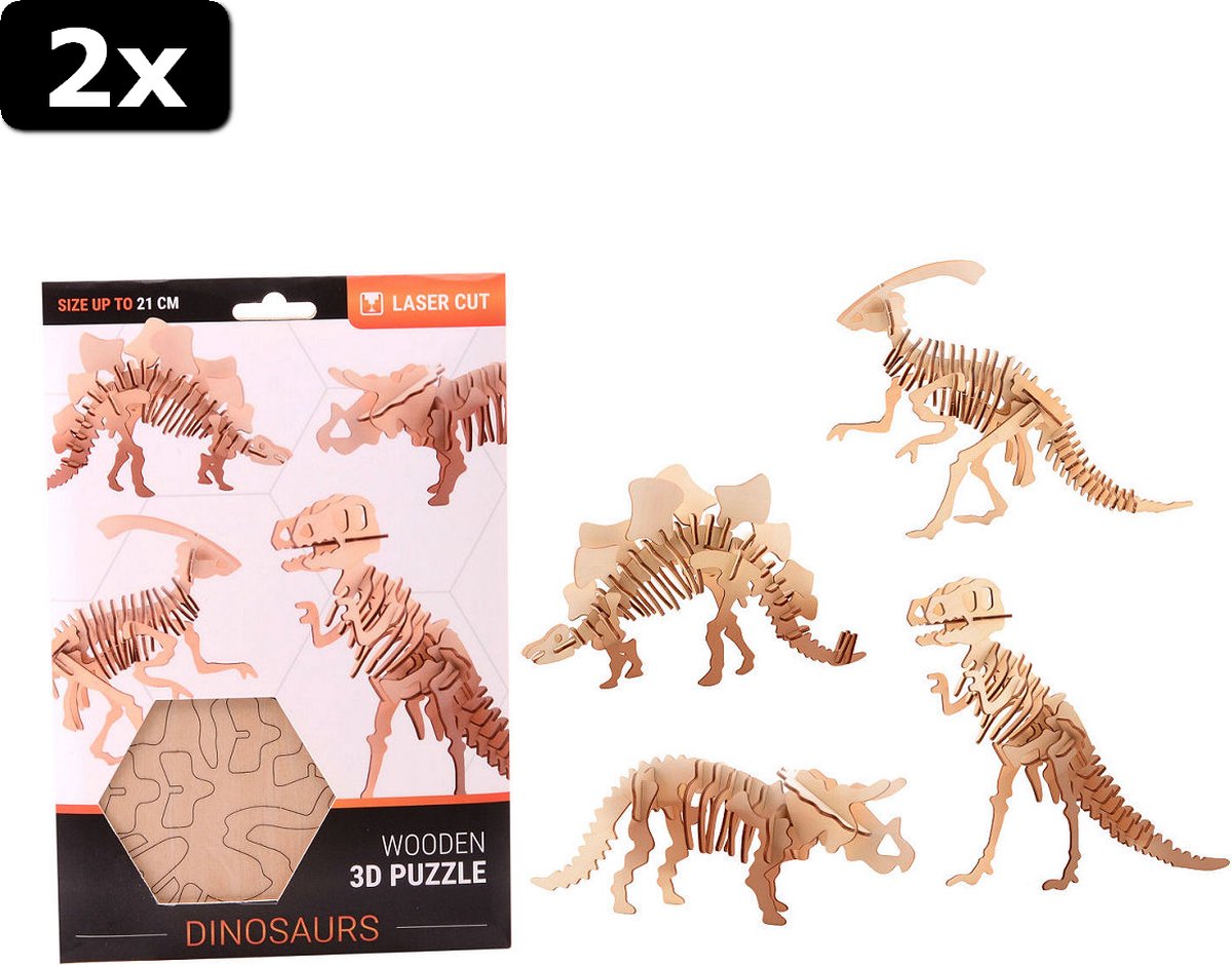 2x Houten 3D dinosaurus puzzel, 4 assorti