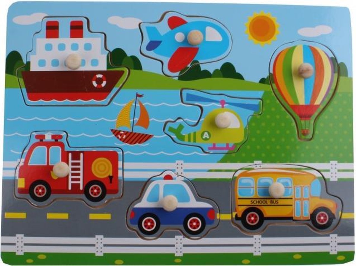 Houten knopjespuzzel transport 45 x 35 cm 7-delig