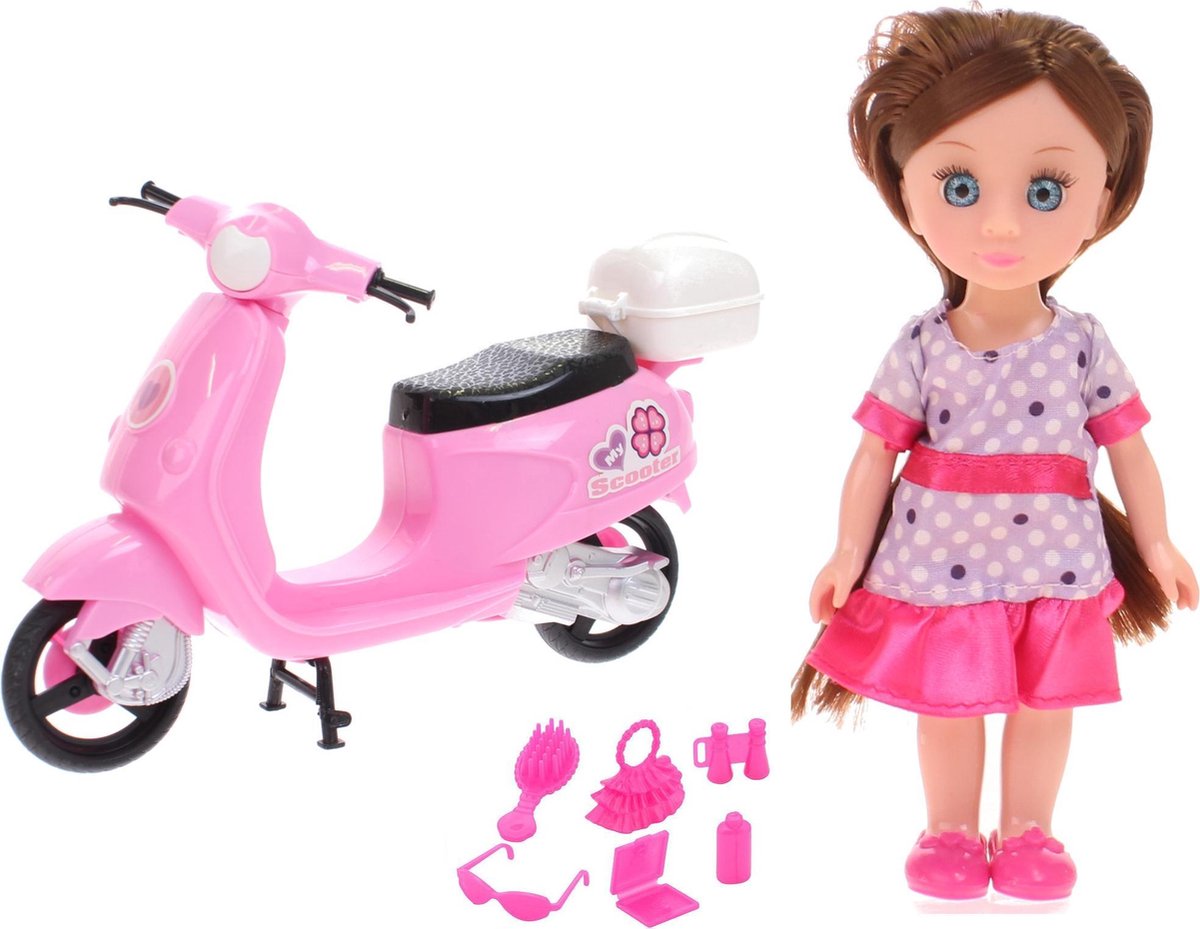 Johntoy Pop Lily Dolls Mijn Mooie Scooter 15cm 10-delig Bruin Roze