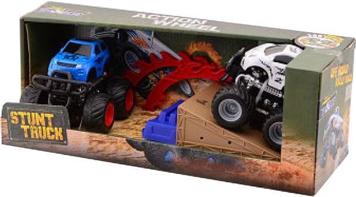 Off-road stunt racers in doos blauw/wit