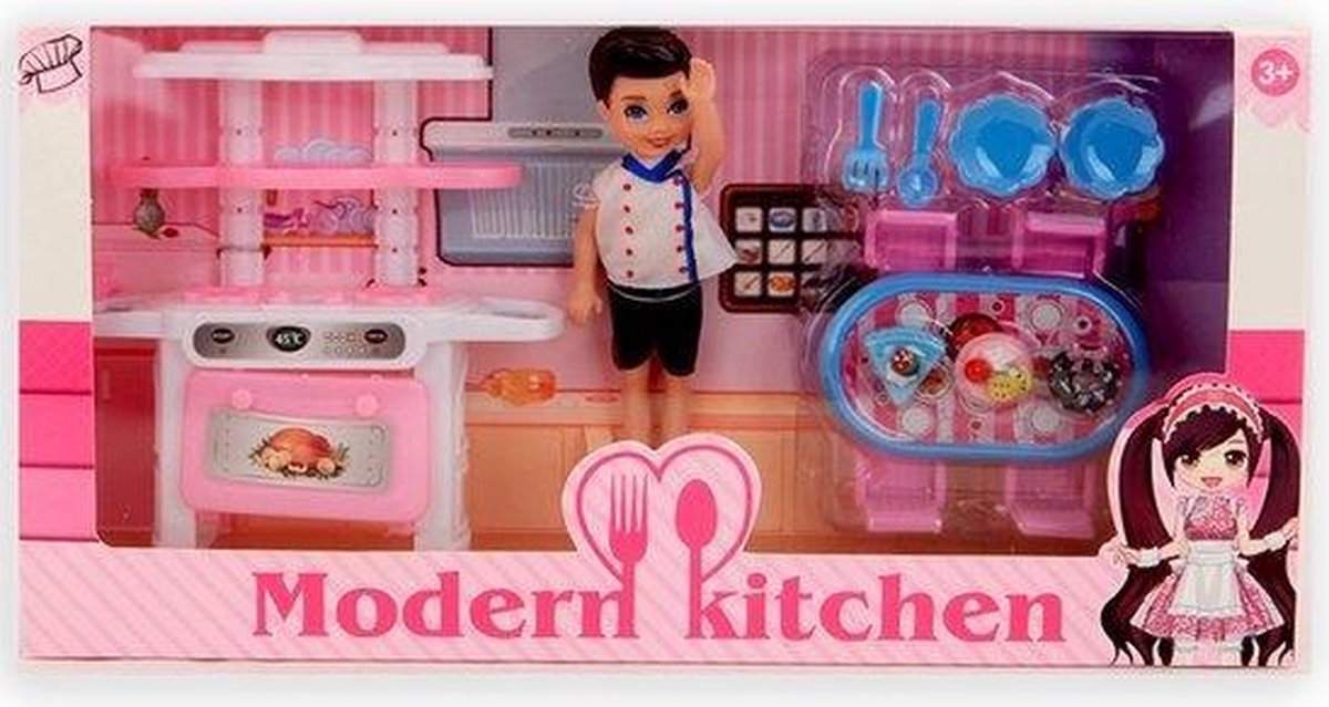 Jonotoys Tienerpop Modern Kitchen Brunette 15 Cm Roze 11-delig