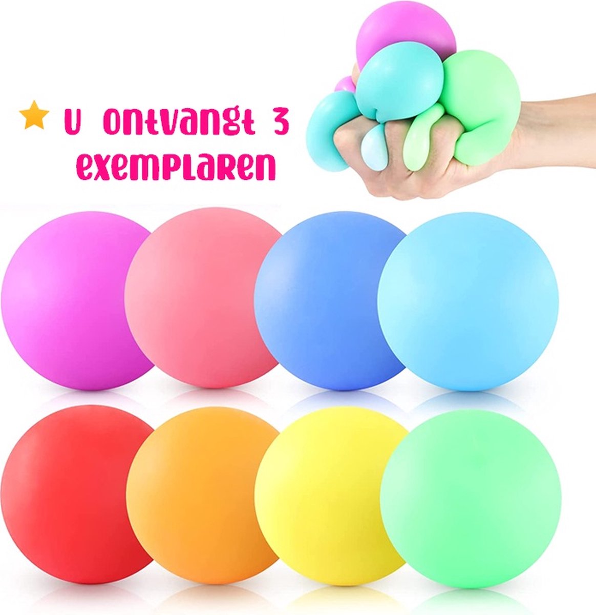 Neon stressbal - 3 exemplaren - 8 cm - Fidget Toy - Voor de hand