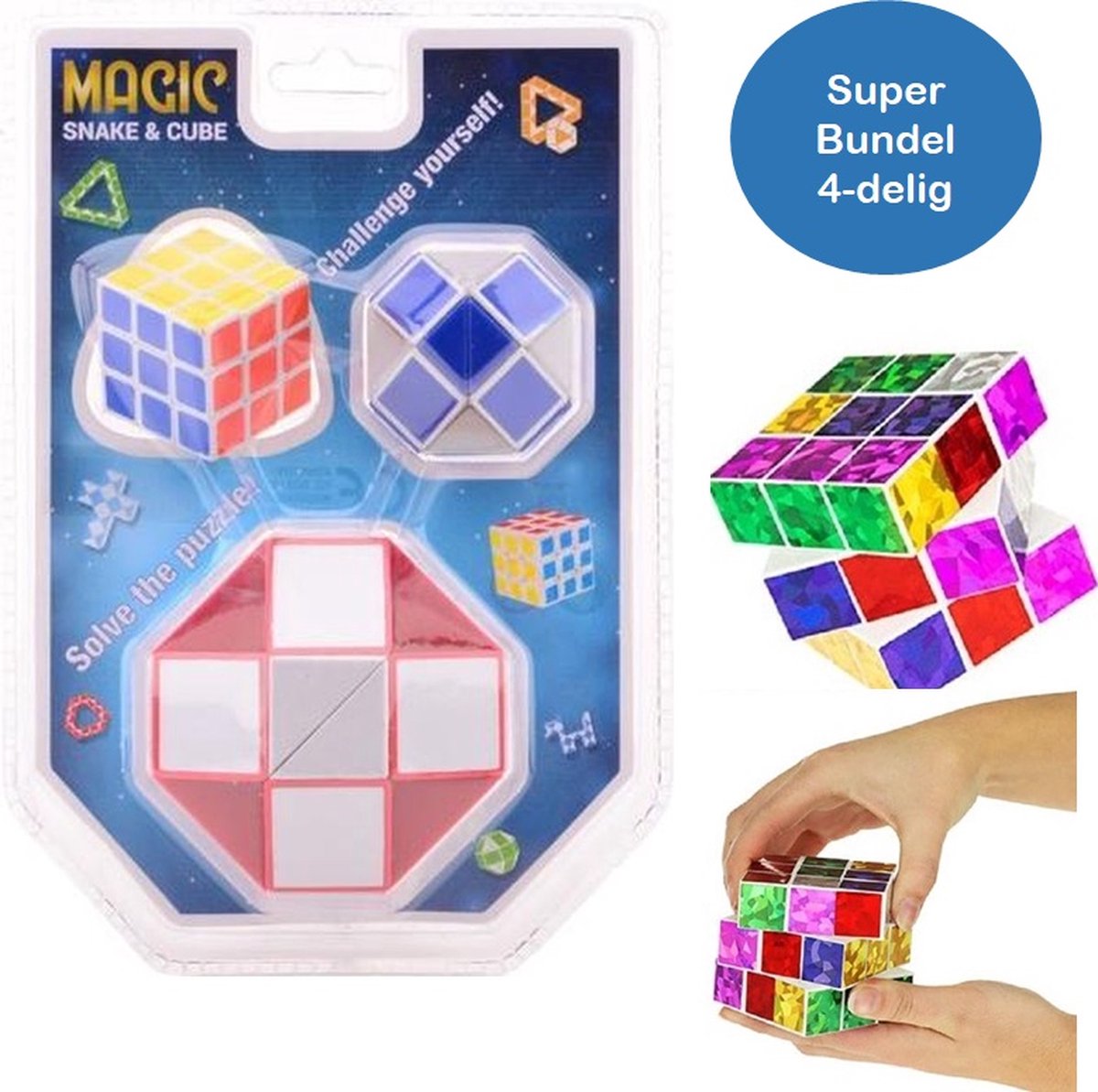 Puzzel kubus set 4 delig - Kleine Magic Snake - Grote Magic Snake - Glitter Kubus - Kleine puzzel kubus - Fidget Toys onder de 20 euro