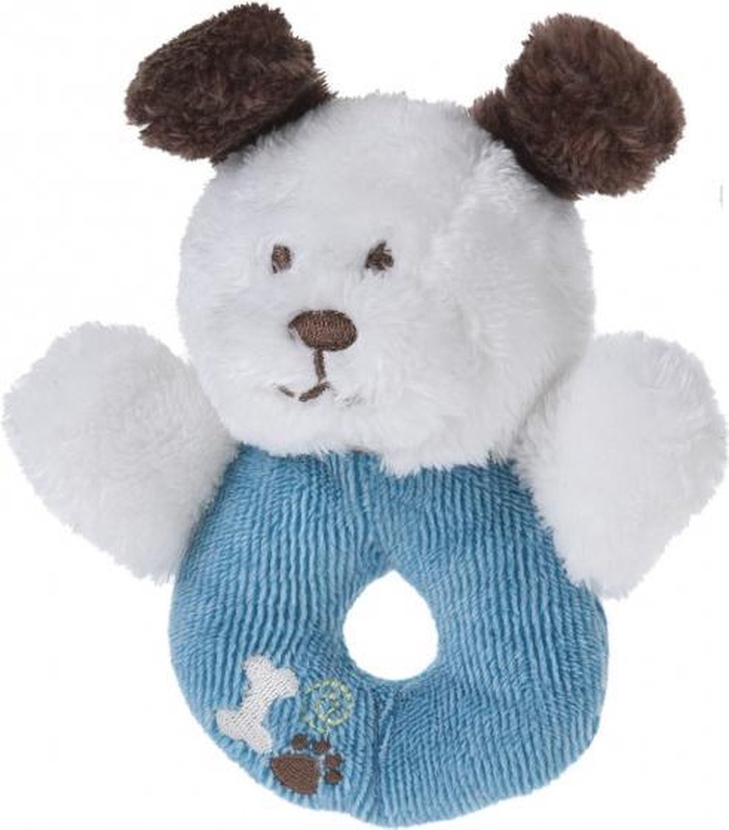 grijpring hondje pluche 12 cm blauw/wit