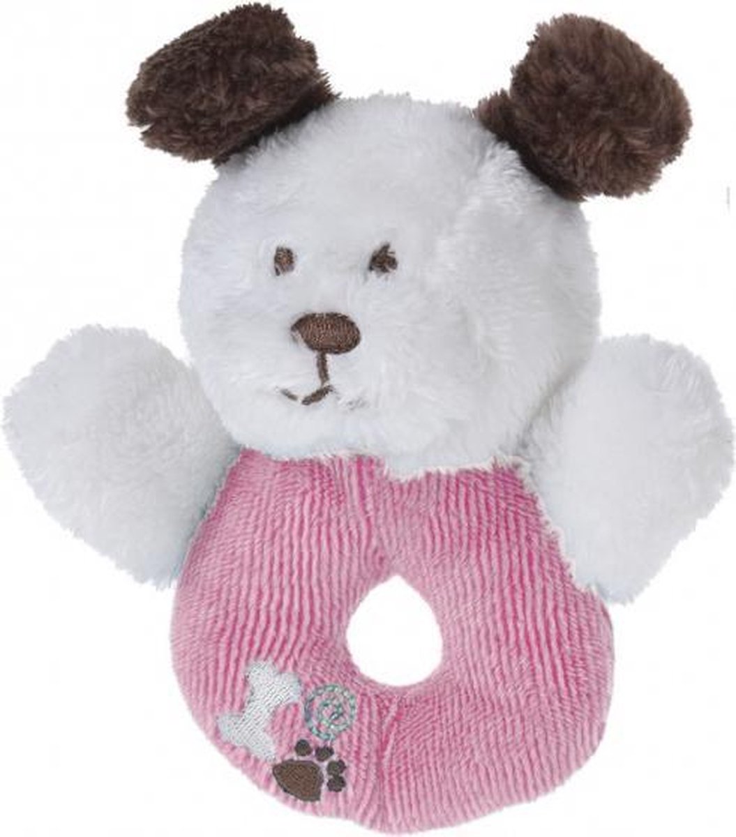 grijpring hondje pluche 12 cm roze/wit