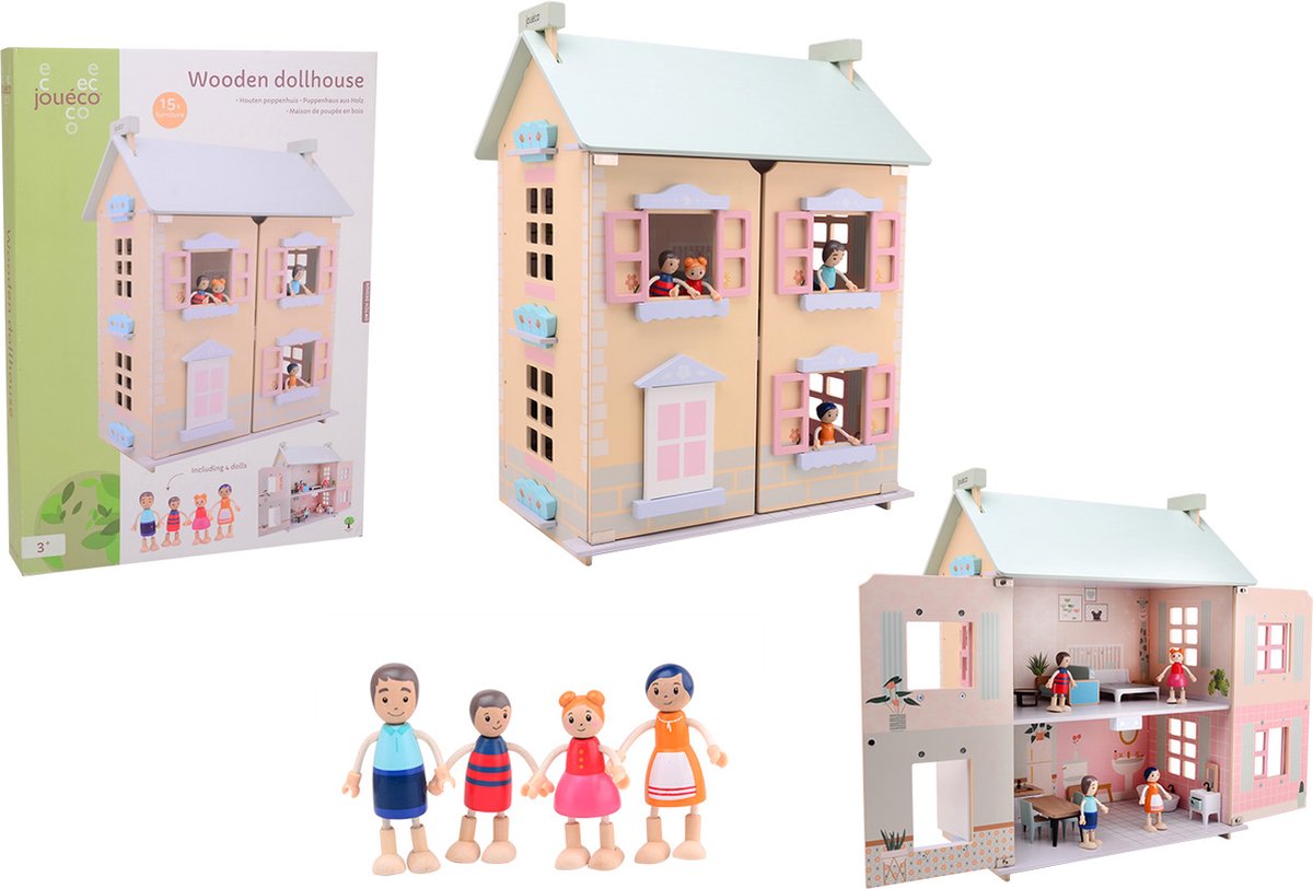  ® - Houten poppenhuis met 15 meubels en 4 poppen