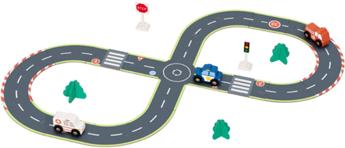Joylux® City Road Set – Houten Autoweg Speelset met Auto’s, Bomen en Verkeersborden – Educatief en Duurzaam Speelgoed