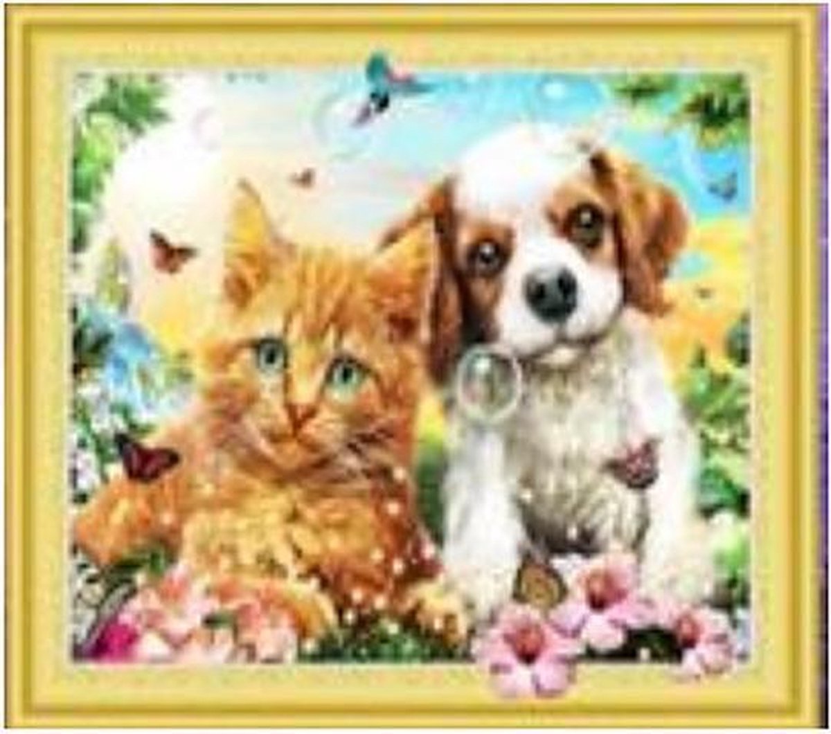 Joyage Diamond Painting Volwassenen 5D - 40 x 50 cm – Kat en Hond - Ronde Steentjes - Diamond Painting Kinderen - Diamond Painting Pakket volledig - Hobby en creatief volwassenen – Hobby materiaal - Hobby Materialen