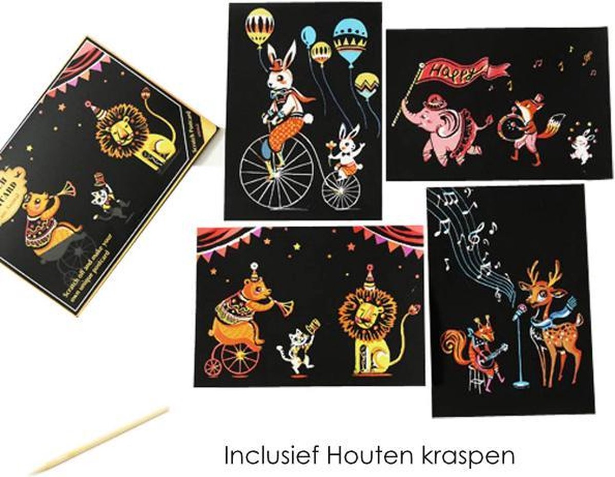 Kras tekeningen voor kinderen - 4 stuks - 20 x 14cm - Thema Dieren - Scratch Art - Kraskaarten kinderen