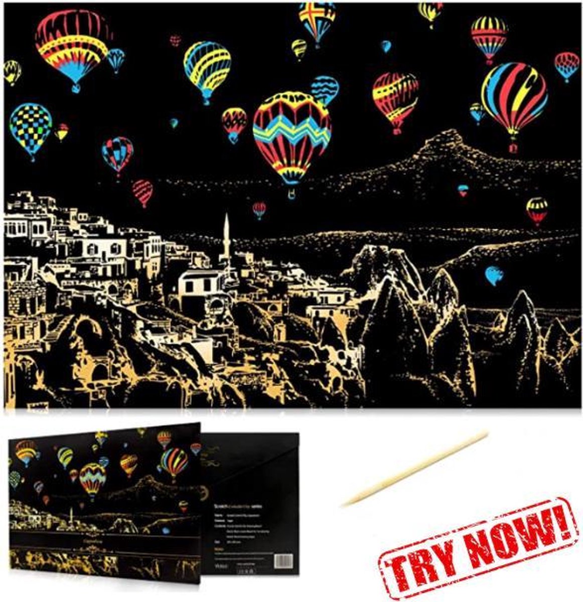 Scratch Art Volwassenen - 41 x 28 cm - Luchtballonnen Cappadocië - Kras tekeningen volwassenen pakket - Scratch Painting - Kraskaarten - Krasfolie voor volwassenen - Krastekening