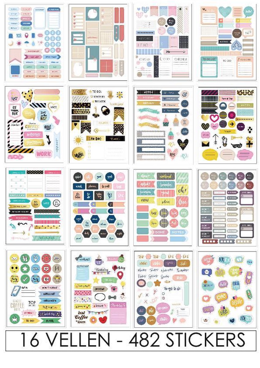 Joyage Bullet journal stickers Deluxe - 482 stickers - Planner stickers voor agenda - Bullet journal producten - Stickers volwassenen - Kado vrouwen - Bullet journal accesoires