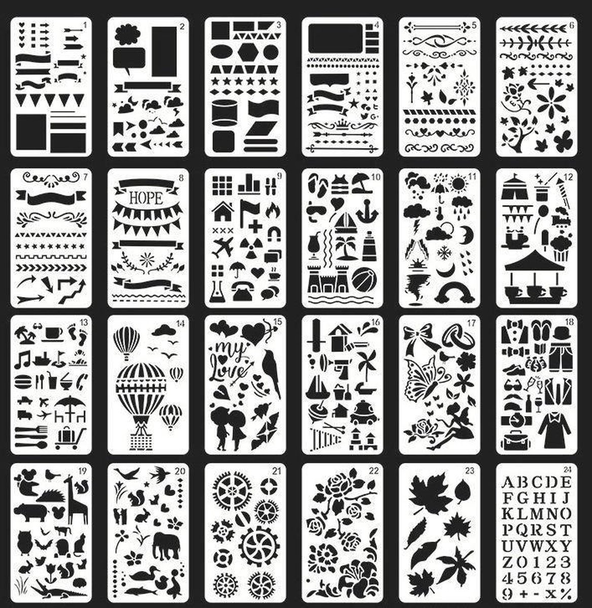 Joyage Stencils Bullet Journal - 24 stuks - Stencils en Sjablonen hobby volwassenen - Bullet Journal Producten - Bullet journal accesoires - Hobby en creatief volwassenen – Hobby materiaal - Hobby Materialen volwassenen