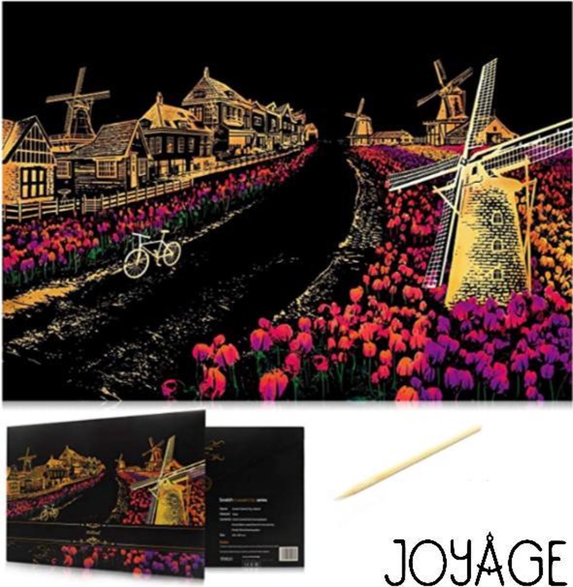 Scratch Art Volwassenen - 41 x 28 cm - Holland Tulpen en Molens - Kras tekeningen volwassenen pakket - Scratch painting - Kraskaarten - Krasfolie voor volwassenen - Krastekening - Knutselen voor volwassenen pakket – Volwassen kleurboek