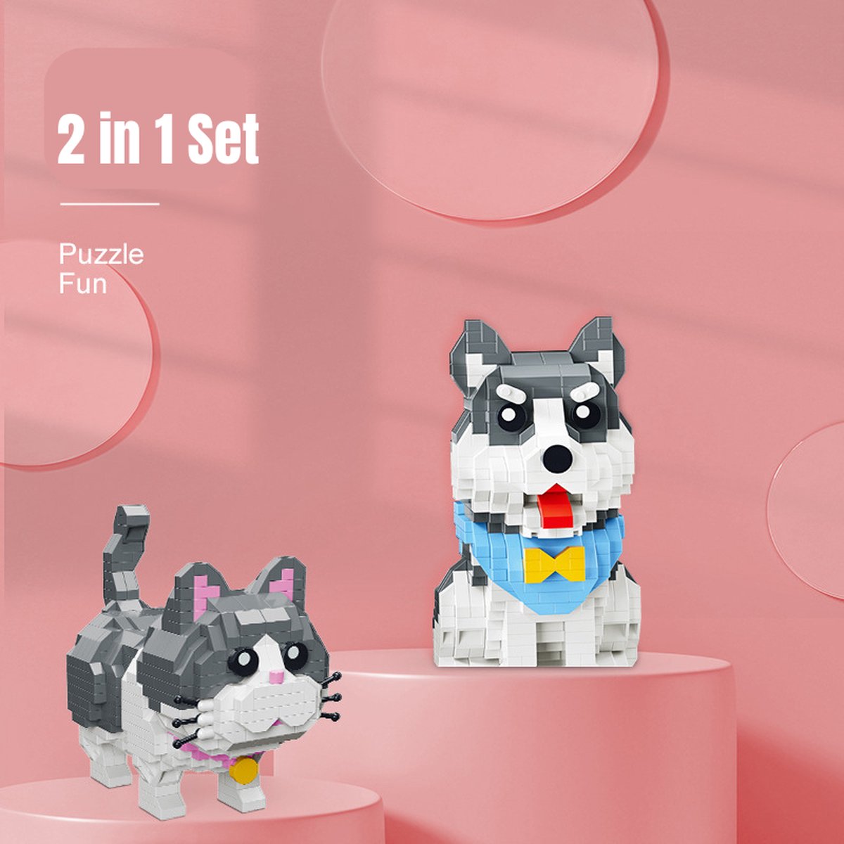 Blauwe Rus Kat en Poolhond - Nanoblock/Diamen Block/3D Puzzle 2 in 1 Set - Miniblokken