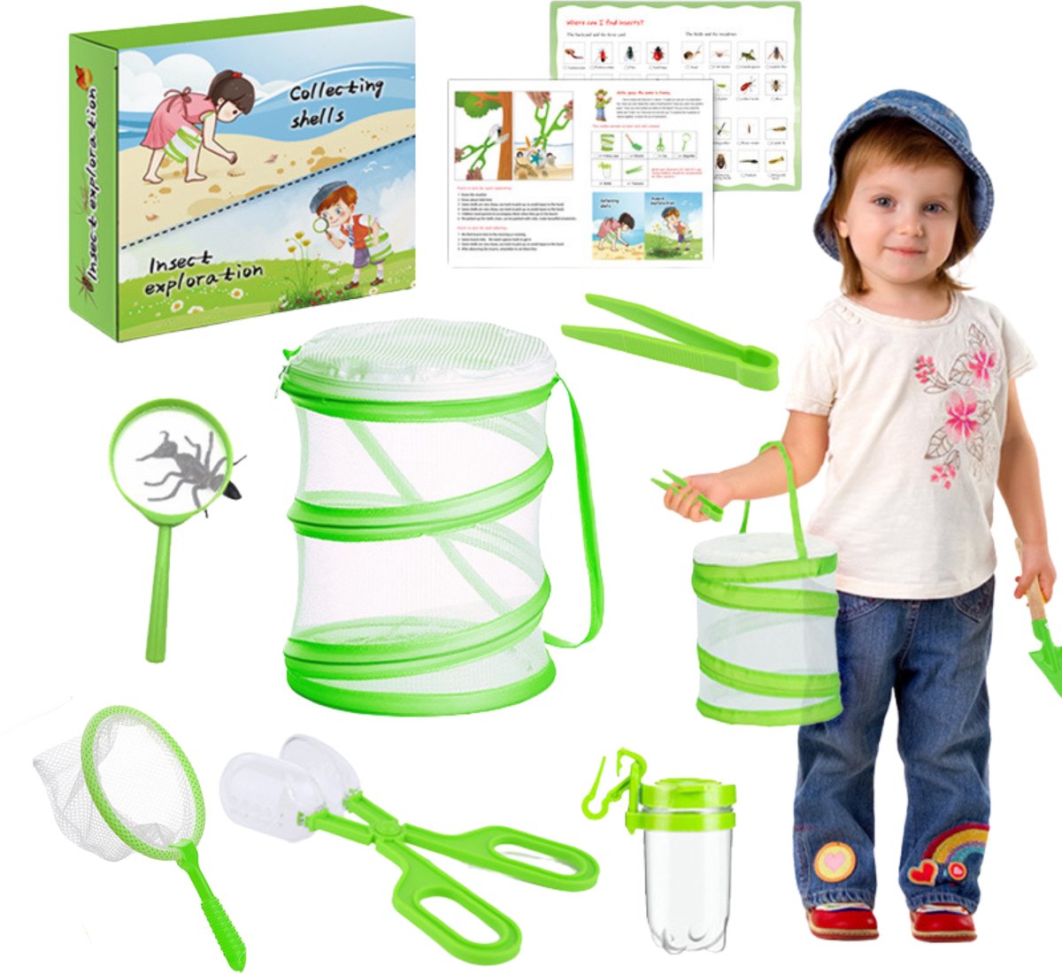 Natuur & Strand Ontdekset voor Kinderen – 6-delige Insecten en Schelpen Onderzoekerset – Met Opvouwbare Netzak, Insetenpotje, Vergrootglas en Pincet – Buiten Speelgoed voor Jongens en Meisjes 3-10 jaar
