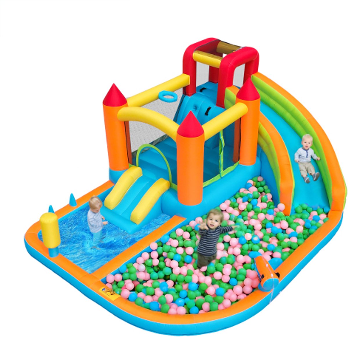 Met blower, waterglijbaan + trampoline + basketbalring + waterpistool, 2 zwembadgebieden, 1 grote en 1 kleine glijbaan, voor droog en nat gebruik, een waterpark