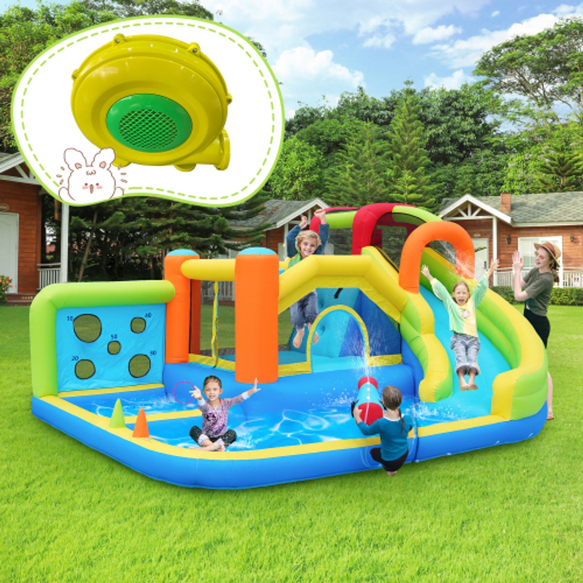 Springkussen met blower, multifunctioneel waterpark + trampolinepark voor kinderen, waterglijbaan, werpwand, basketbalring, klimwand, inclusief 450W blower