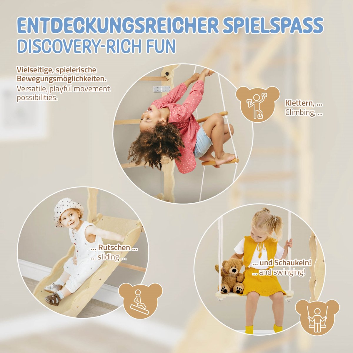   indoor wandrekken voor kinderen van hout met turnringen, touwladder, glijplank 6 in 1 vanaf 3 jaar