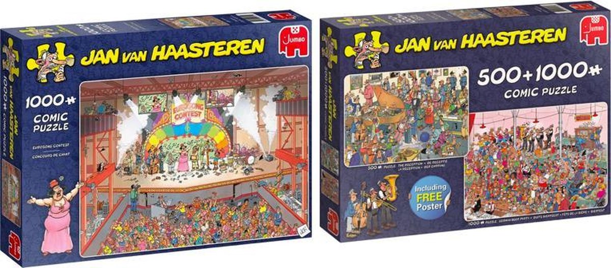 Jan van Haasteren Puzzelvoordeelset 2 in 1 puzzel De Receptie 500 stukjes en Duits Bierfeest 1000 stukjes & Eurovisie Songfestival Puzzel 1000 stukjes