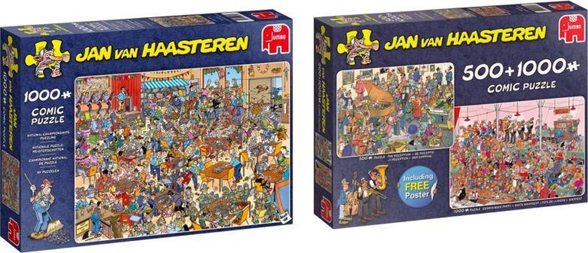 Jan van Haasteren Puzzelvoordeelset 2 in 1 puzzel De Receptie 500 stukjes en Duits Bierfeest 1000 stukjes & NK Puzzelen 1000 stukjes