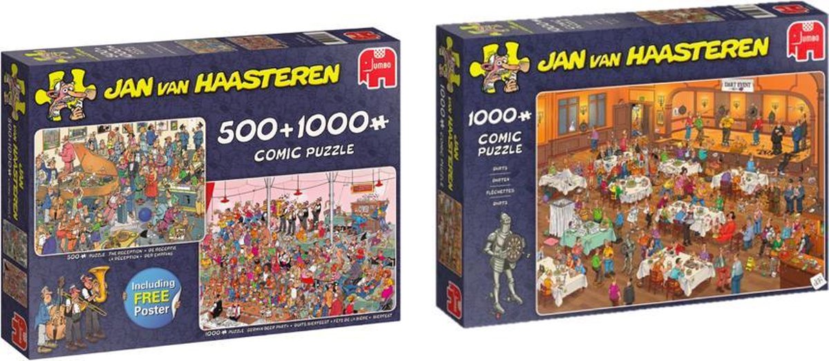 Jan van Haasteren Puzzelvoordeelset Darts Puzzel 1000 Stukjes & 2 in 1 puzzel De Receptie 500 stukjes en Duits Bierfeest 1000 stukjes