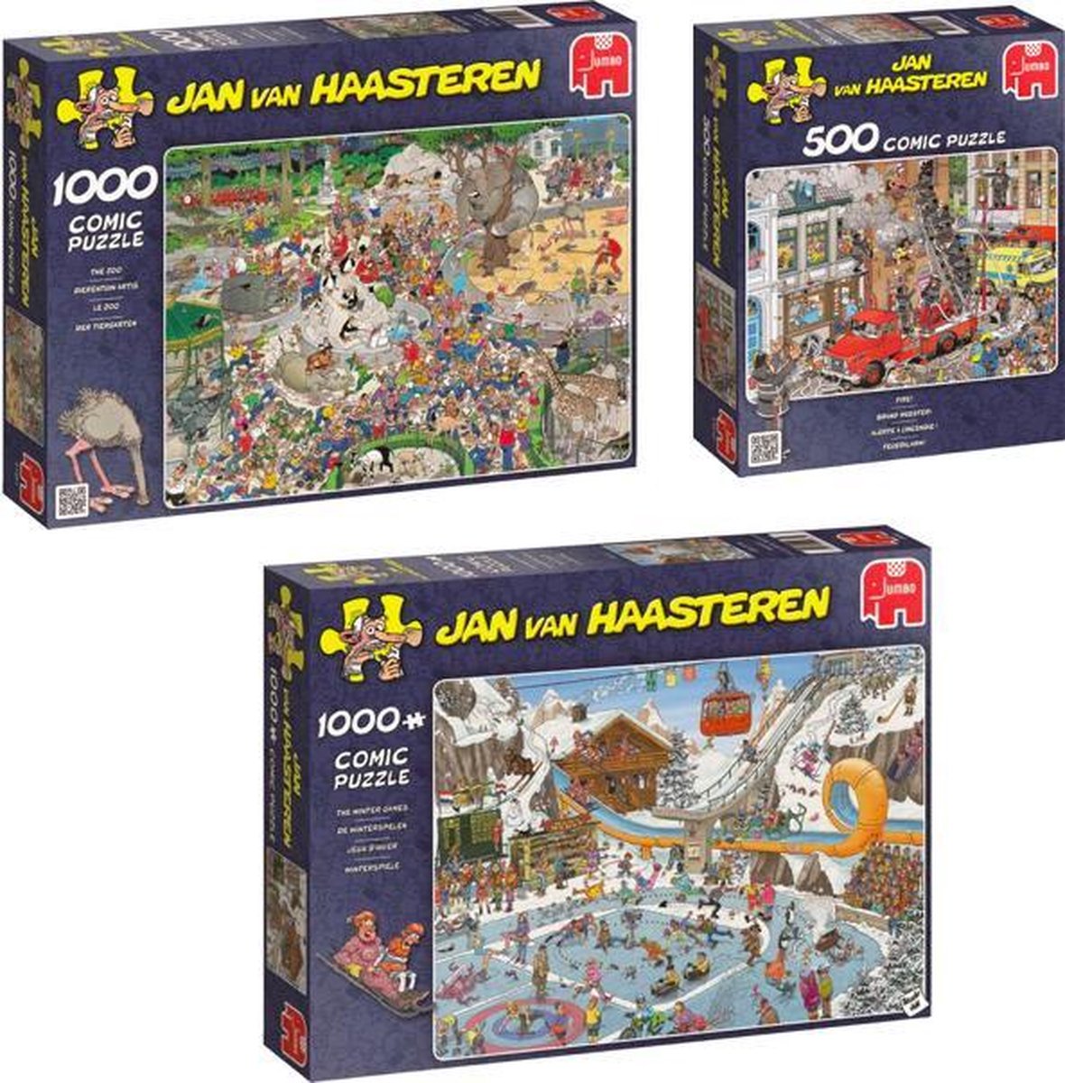 Jan van Haasteren Puzzelvoordeelset Dierentuin - Puzzel 1000 stukjes & Brand Meester - Puzzel 500 stukjes & De Winterspelen Puzzel 1000 Stukjes