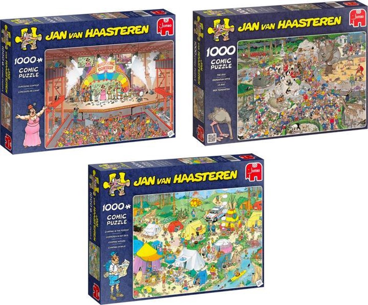 Jan van Haasteren Puzzelvoordeelset Eurovisie Songfestival Puzzel 1000 stukjes & Dierentuin - Puzzel 1000 stukjes & Kamperen in het Bos Puzzel 1000 Stukjes