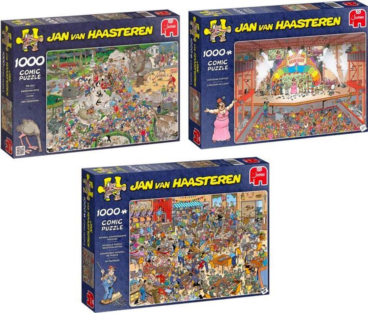 Jan van Haasteren Puzzelvoordeelset Eurovisie Songfestival Puzzel 1000 stukjes & Dierentuin - Puzzel 1000 stukjes & NK Puzzelen 1000 stukjes