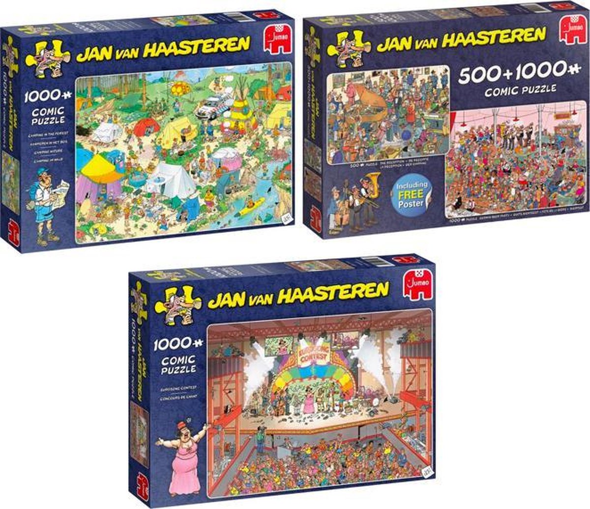 Jan van Haasteren Puzzelvoordeelset Eurovisie Songfestival Puzzel 1000 stukjes & Puzzel 2in1 500 & 1000 stukjes & Kamperen in het Bos Puzzel 1000 Stukjes