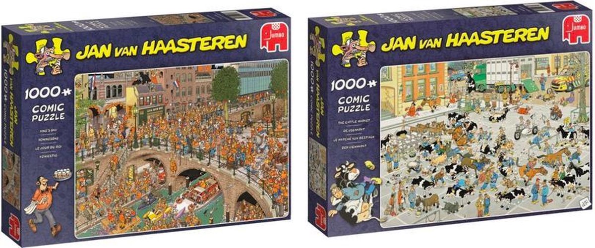 Jan van Haasteren Puzzelvoordeelset Jan van Haasteren de Veemarkt Puzzel 1000 Stukjes & Koningsdag Puzzel 1000 Stukjes