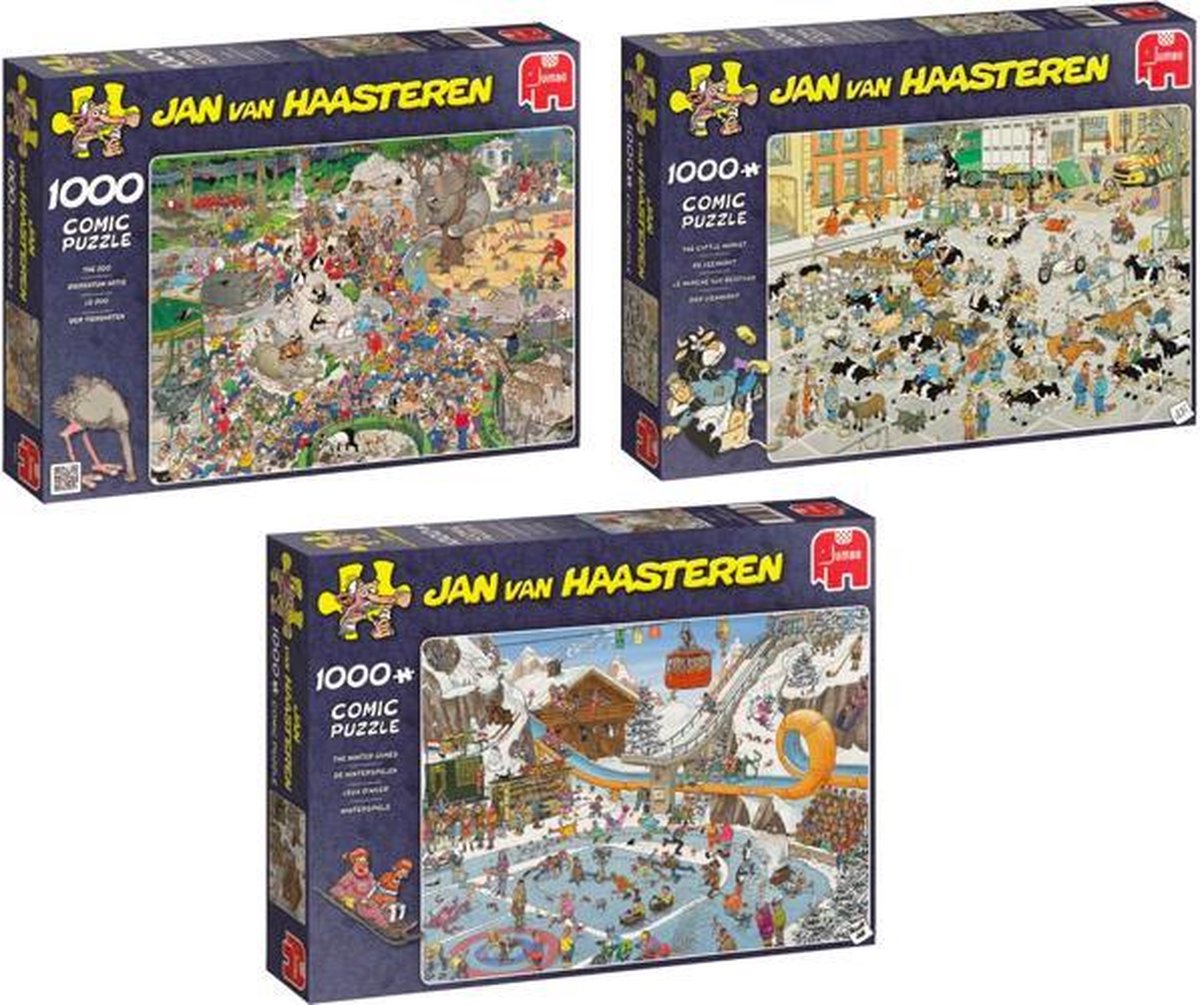 Jan van Haasteren Puzzelvoordeelset  Veemarkt Puzzel 1000 Stukjes & Dierentuin - Puzzel 1000 stukjes & De Winterspelen Puzzel 1000 Stukjes