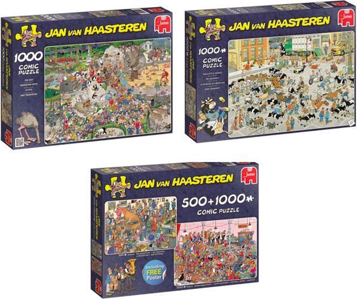 Jan van Haasteren Puzzelvoordeelset  Veemarkt Puzzel 1000 Stukjes & Dierentuin - Puzzel 1000 stukjes & Feestje! - Puzzel 2in1 500 & 1000 stukjes