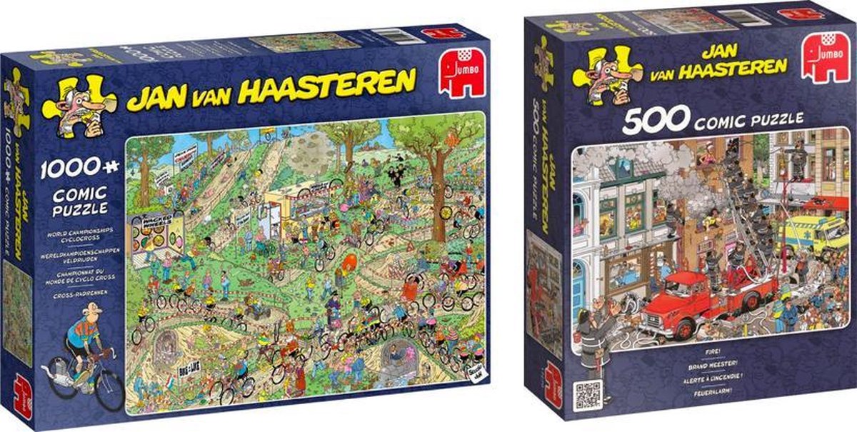 Jan van Haasteren Puzzelvoordeelset Wereldkampioenschappen Veldrijden Legpuzzel 1000 Stukjes & Brand Meester - Puzzel 500 stukjes