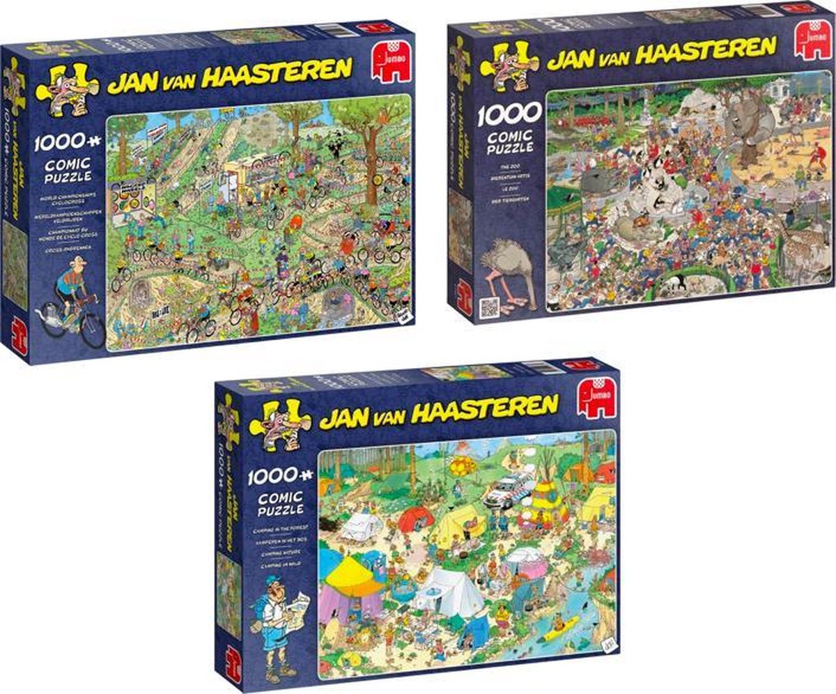 Jan van Haasteren Puzzelvoordeelset Wereldkampioenschappen Veldrijden Legpuzzel 1000 Stukjes & Dierentuin - Puzzel 1000 stukjes & Kamperen in het Bos Puzzel 1000 Stukjes