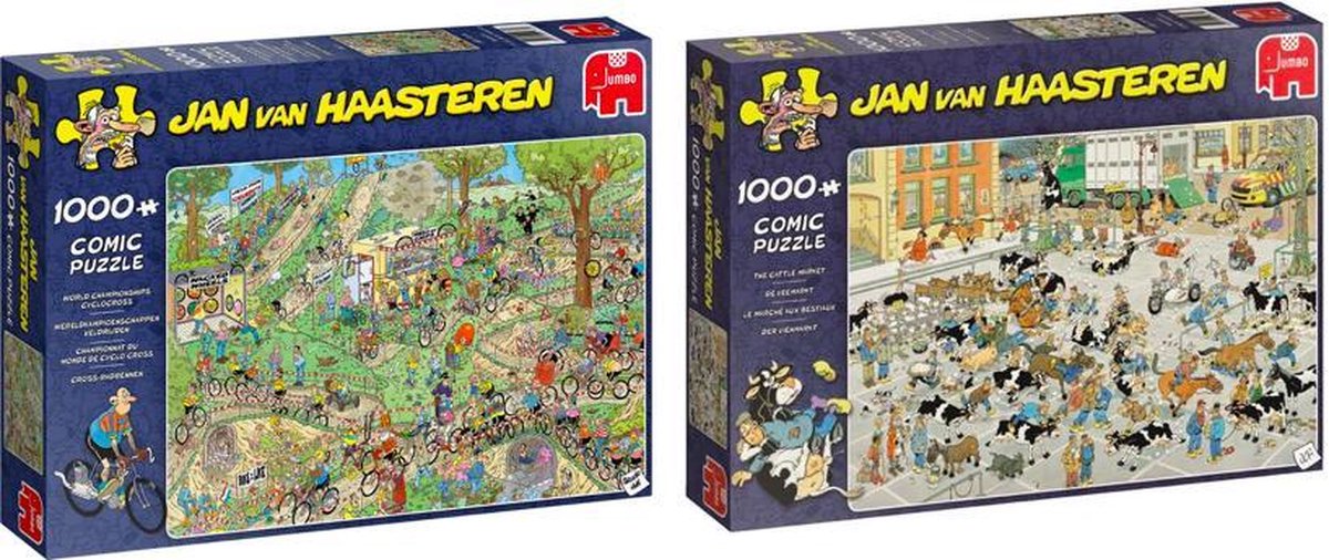 Jan van Haasteren Puzzelvoordeelset de Veemarkt Puzzel 1000 Stukjes & Wereldkampioenschappen Veldrijden Legpuzzel 1000 Stukjes