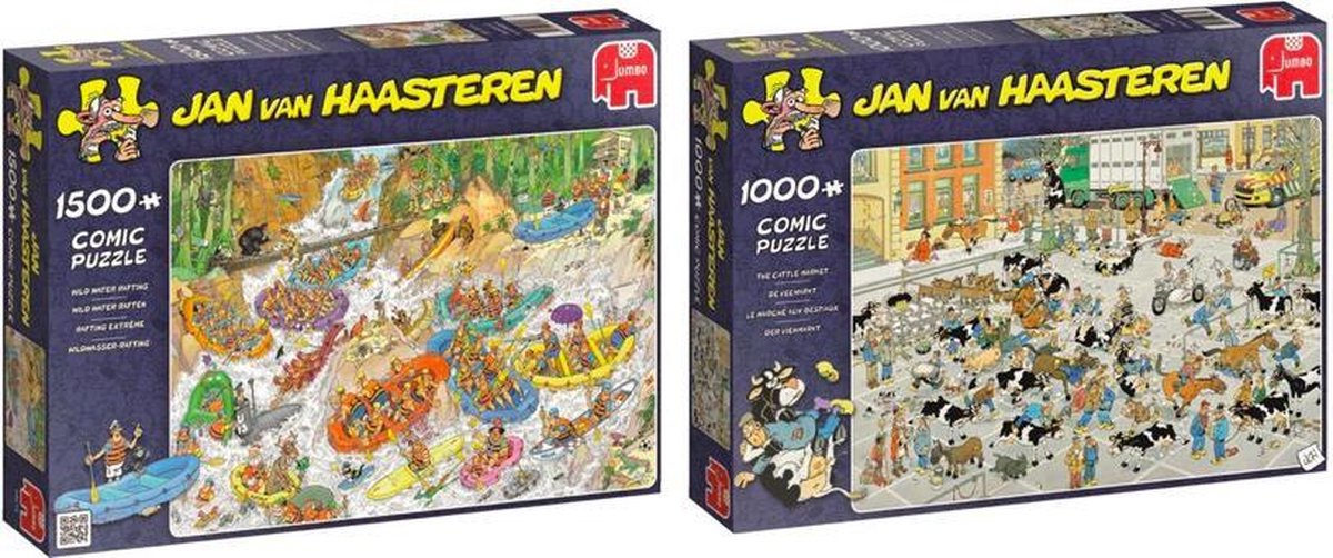 Jan van Haasteren Puzzelvoordeelset de Veemarkt Puzzel 1000 Stukjes & Wild Water Raften - Puzzel 1500 Stukjes