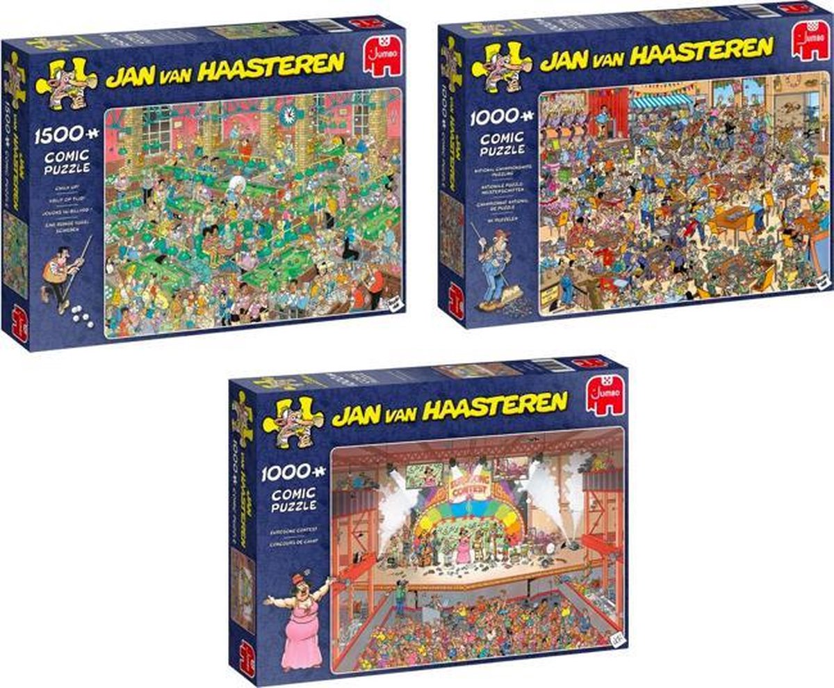 Mega Jan van Haasteren Puzzelvoordeelset NK Puzzelen 1000 stukjes & Krijt op Tijd! Puzzel 1500 stukjes & Eurovisie Songfestival Puzzel 1000 stukjes